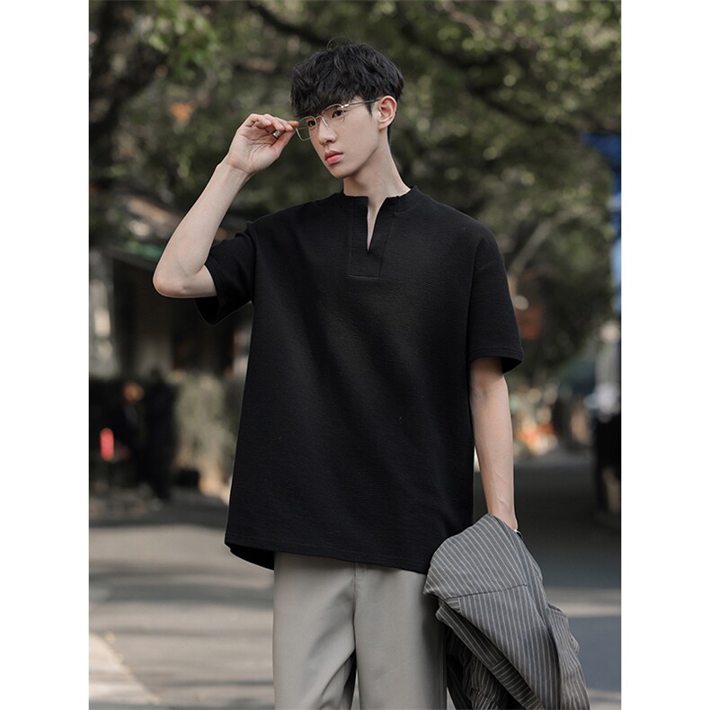 韩系简约小V领肌理T恤cityboy风落肩情侣短袖HY927TP28控49图片
