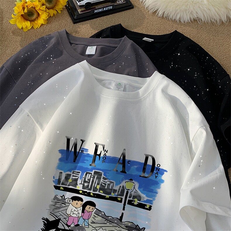 量大优供抖音视频支持得物配合二开美式满天星亮片短袖T恤MTX513,男装T恤,电商A486