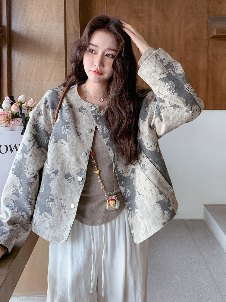 水墨画提花新中式外套女2025春季新款短小个子复古设计感小众上衣,女装短外套,慧尚依恋