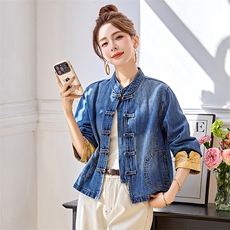 新中式盘扣短款牛仔外套女2025春季新款小个子休闲气质圆领牛仔衣，女装牛仔外套，润尚靓点