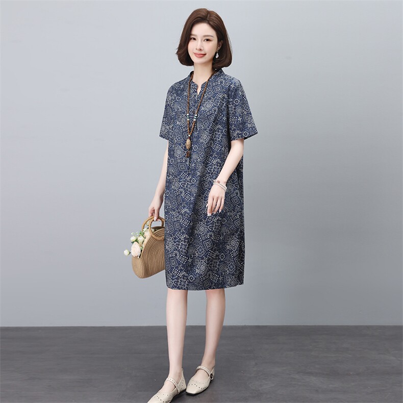 妈妈复古印花高端精致减龄连衣裙女士2026夏季宽松显瘦贵夫人裙子,女装连衣裙,依恋蒂丝
