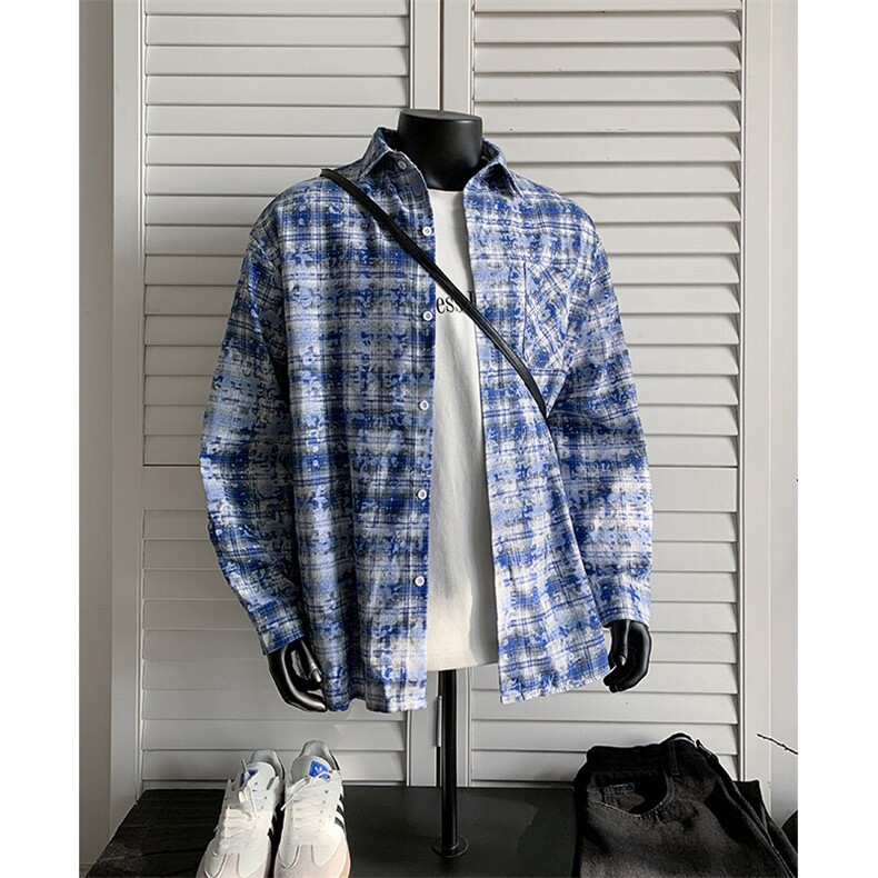 C5371-TP5578美式高街休闲宽松扎染格子衬衫男女可穿外套，男装衬衫，电商A102