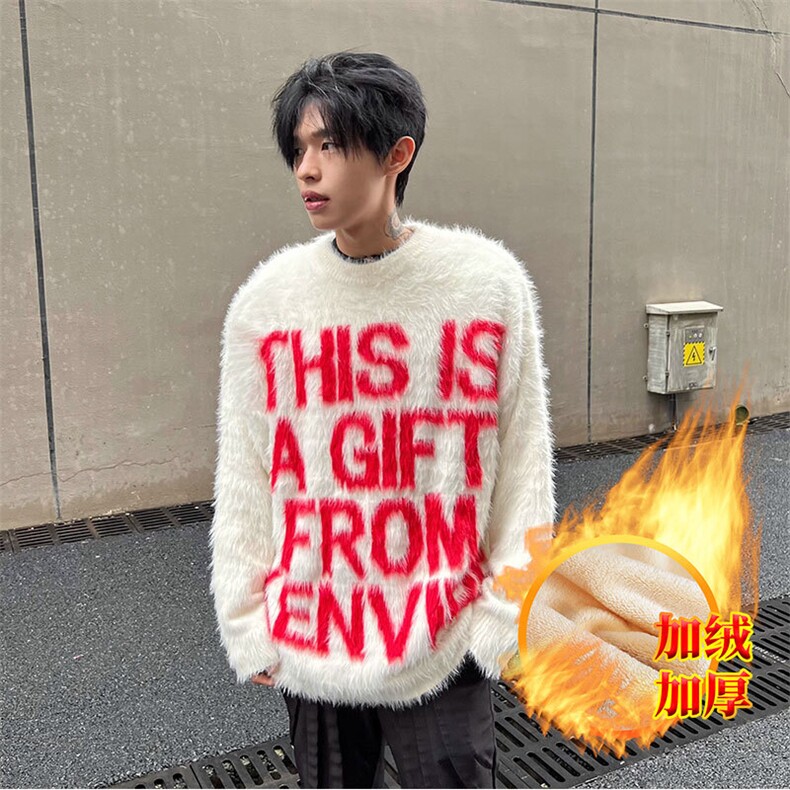 流行韩系风ins字母圆领宽松仿貂毛针织衫情侣加绒男女款套头上衣，男装针织衫/毛衣，星座506A