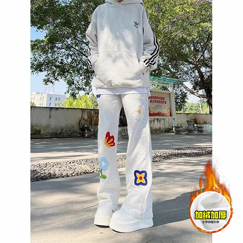 抖音得物高品质秋冬季重磅花卉刺绣潮流运动宽松加绒直筒休闲卫裤，男装休闲裤，电商A486-1