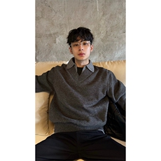 重磅北极绒假两件衬衫领毛衣美式高街复古休闲慵懒纯色翻领针织衫，男装针织衫/毛衣，电商A486