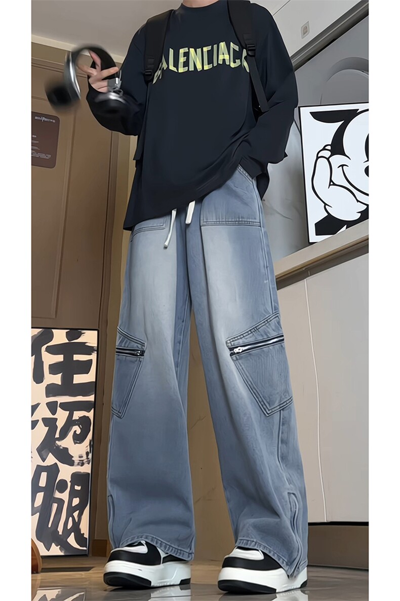 牛仔裤男水洗拉链秋季新款美式潮牌复古阔腿长裤子-A1153TP55控79,男装牛仔裤,电商B241