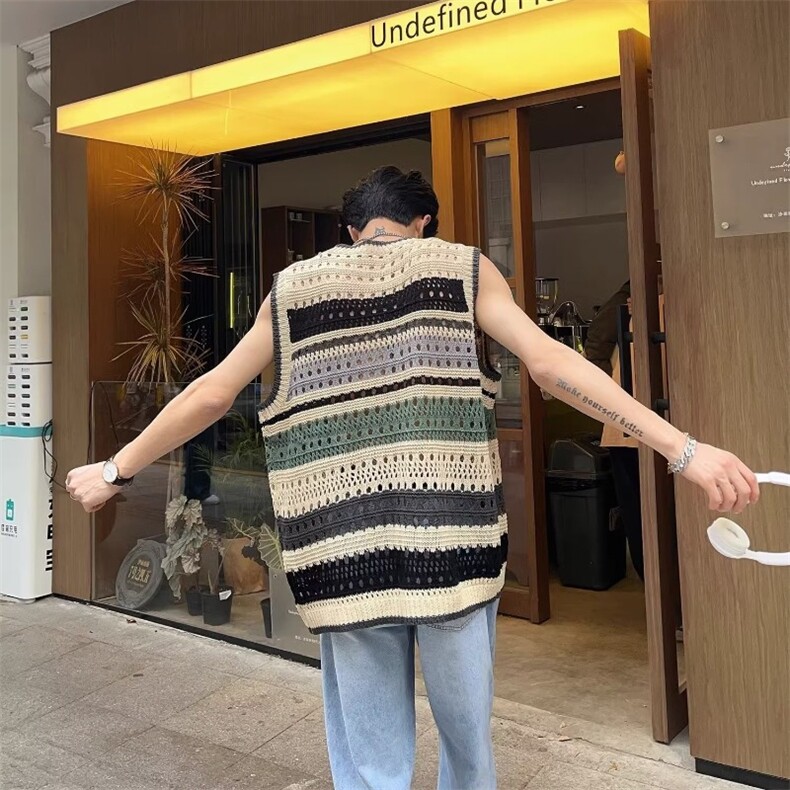 762-P33美式撞色条纹背心男款春季潮牌针织镂空衣服坎肩毛衣无袖,男装T恤,电商B323A