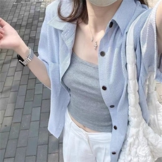 日系复古翻领衬衫女2025夏季新款宽松百搭休闲男女款条纹短袖衬衣，男装T恤，星座1210-1