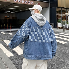 棋盘格拼接牛仔外套高街ins潮休闲百搭秋季夹克上衣JK052-P65，男装夹克，星座308B-1
