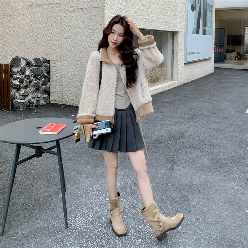 卡其色两面穿麂皮绒拼接外套女2025冬季日系加厚短款皮毛一体棉衣,女装短外套,2C108