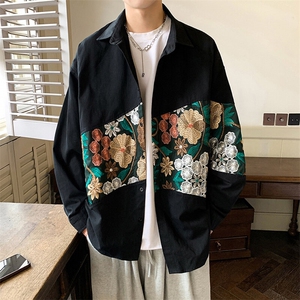 港风长袖衬衣男情侣大码M-5XL中性风刺绣潮长袖衬衫男CS9743P50,赫本连衣裙如何搭配外搭图片
