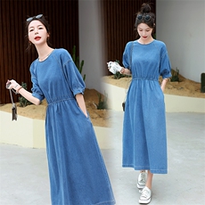 海军领披肩牛仔连衣裙女夏季薄款2025新款抽绳宽松显瘦休闲长裙子，女装连衣裙，星期衣