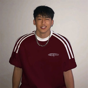 夏季美式高街重磅纯棉三条杠织带撞色男女短袖T恤ZD333-特P30图片
