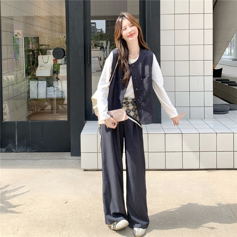 韩系小个子马甲套装女秋季一整套穿搭高级感显瘦气质阔腿裤两件套,女装套装/套裙,2C217