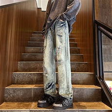 美式复古新款水洗破洞牛仔裤男秋季ins潮牌高街百搭宽松NZ111-P55，男装牛仔裤，星座1103-2