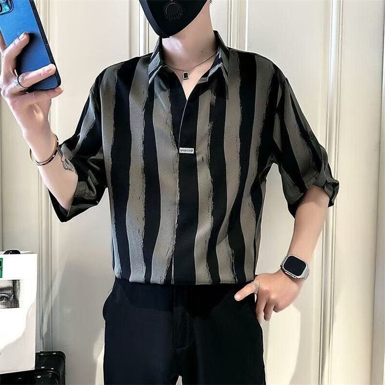 2025夏季新款男潮牌条纹翻领短袖衬衫时尚痞帅高级感休闲宽松,男装T恤,星座218-1（原230）