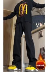 拼接牛仔裤男款冬季加绒加厚裤子加长美式高街直筒微喇裤KZ002P55，男装牛仔裤，电商B312