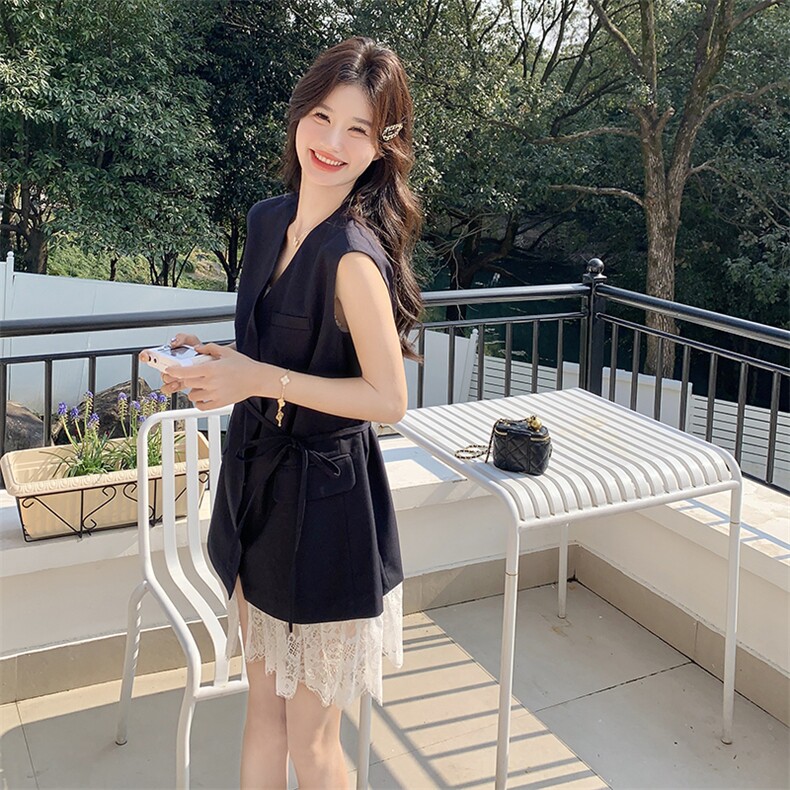 藏青色蕾丝拼接减龄西装裙女2025夏季新款韩版休闲显瘦气质连衣裙,女装连衣裙,浙宝276（原081）