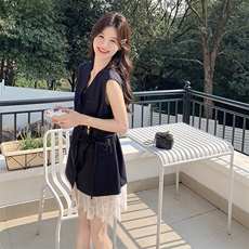 藏青色蕾丝拼接减龄西装裙女2025夏季新款韩版休闲显瘦气质连衣裙，女装连衣裙，浙宝276（原081）