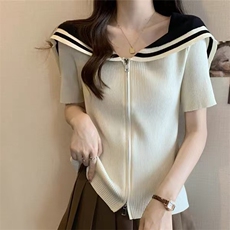 夏季时尚百搭显瘦冰丝亚麻海军领拉链开衫短袖，女装T恤，暖姿羊绒