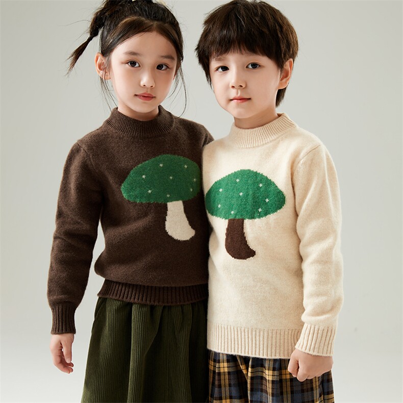 儿童羊毛针织衫小蘑菇卡通提花女童衫加厚可爱毛衣洋气，童装毛衣，初丹羊绒童装