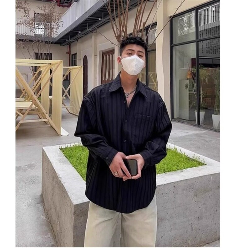 小众纹理设计感阔版宽松长袖衬衫男春秋新款潮流痞帅衬衣外套上衣,男装衬衫,星座506A