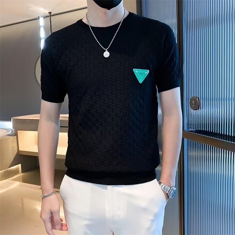 格子针织短袖男潮牌修身T恤夏季痞帅冰丝半袖潮流休闲体恤衫T3351,男装T恤,星座1116A-2（原606A-1）