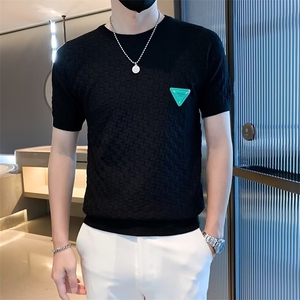 格子针织短袖男潮牌修身T恤夏季痞帅冰丝半袖潮流休闲体恤衫T3351图片