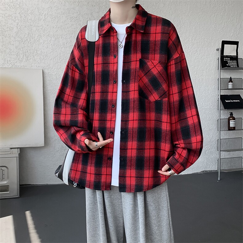 衬衫男春季新款港风宽松大码磨毛格子长袖衬衣CS6638-特P29，男装衬衫，星座214-3