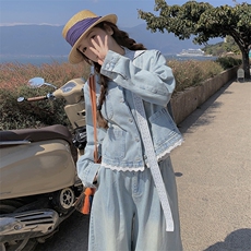 小众设计感牛仔时尚套装女夏季2025新款蕾丝拼接上衣阔腿裤两件套，女装套装/套裙，2C239
