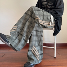 K25103批45控68秋季三条杠男裤子格子直筒裤休闲裤拖地裤长裤，男装休闲裤，电商D229A