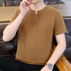 2025夏季棉麻透气清凉男士风盘扣短袖休闲T恤上衣 XF9801-P50图片