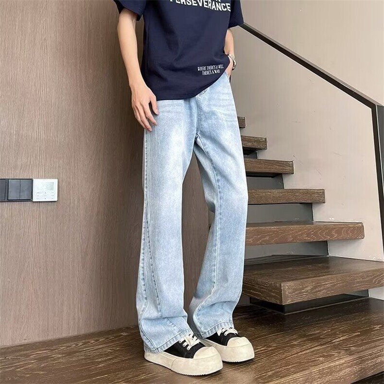 美式休闲高街宽松水洗牛仔裤男复古松紧腰微喇叭潮牌百搭纯色长裤,男装牛仔裤,星座218-1（原230）