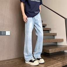 美式休闲高街宽松水洗牛仔裤男复古松紧腰微喇叭潮牌百搭纯色长裤，男装牛仔裤，星座218-1（原230）