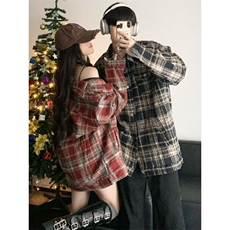 潮牌秋冬拼皮条纹格子长袖衬衫休闲宽松外套男女CW88，男装衬衫，星座1116A（原606A-3）