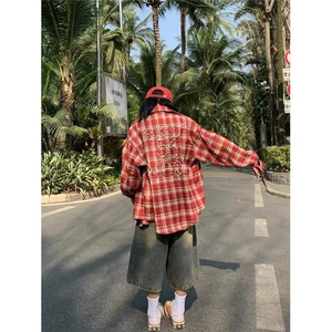 现货 秋季高街cleanfit重工钉珠格子长袖格子衬衫男女C3730/P50图片