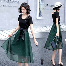 时尚气质优雅修身2024年新款系带短袖连衣裙，女装连衣裙，蓝诺裳