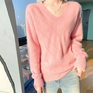 25秋冬V领100%羊毛衫女长袖提花镂空套头毛衣宽松羊绒针织打底衫图片