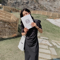新品现货泡泡袖修身褶皱感连衣裙212A-614-P95-155，女装连衣裙，浙宝212A