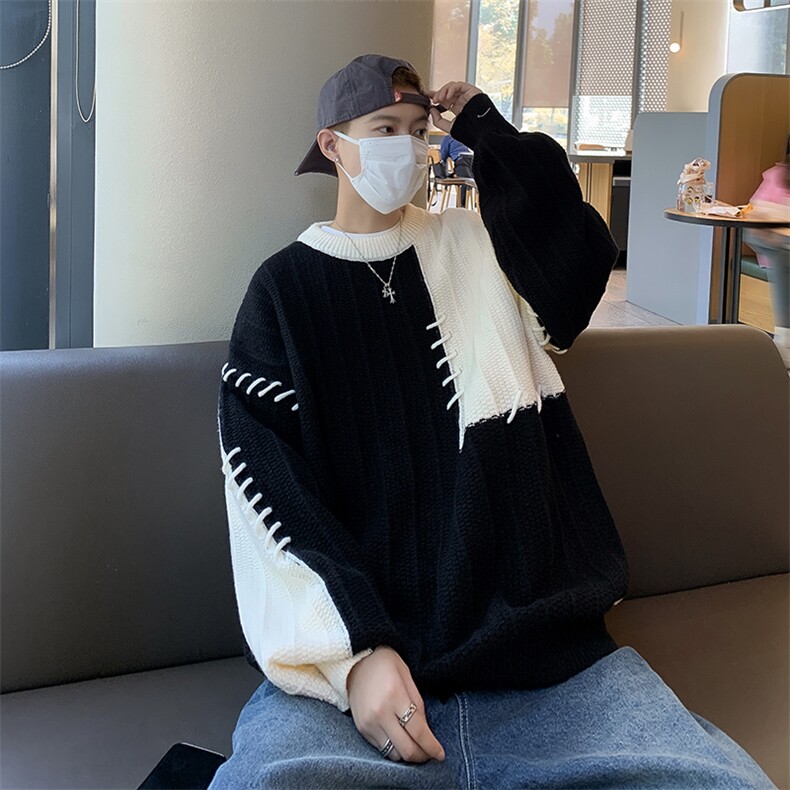 现货秋冬潮牌设计感针织衫慵懒风宽松拼接撞色毛衣男M1576-P52,男装针织衫/毛衣,星座512-4