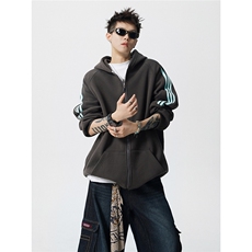 8XL-M秋冬美式运动三条杠条纹开衫卫衣连帽特大码宽松JK5206/P65，男装卫衣，电商B238