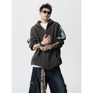 8XL-M秋冬美式运动三条杠条纹开衫卫衣连帽特大码宽松JK5206/P65图片