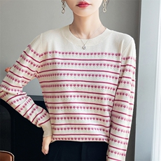 秋冬新款淑女风圆领条纹拼色羊毛针织衫女长袖提花百搭打底衫毛衣，女装针织衫/毛衣，斯美雅安迪绒