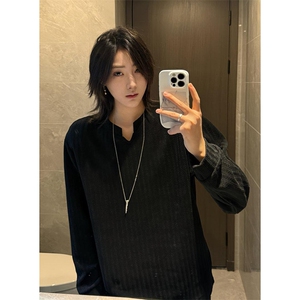 美式高街千鸟格子长袖T恤男女亨利V领英伦雅痞休闲宽松长袖打底衫图片