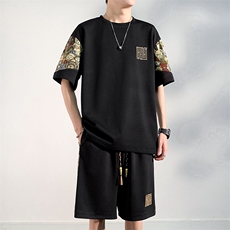 夏季刺绣休闲运动套装男拼接T恤两件套潮流短裤A266-TZ8807-P47，男装T恤，电商A266