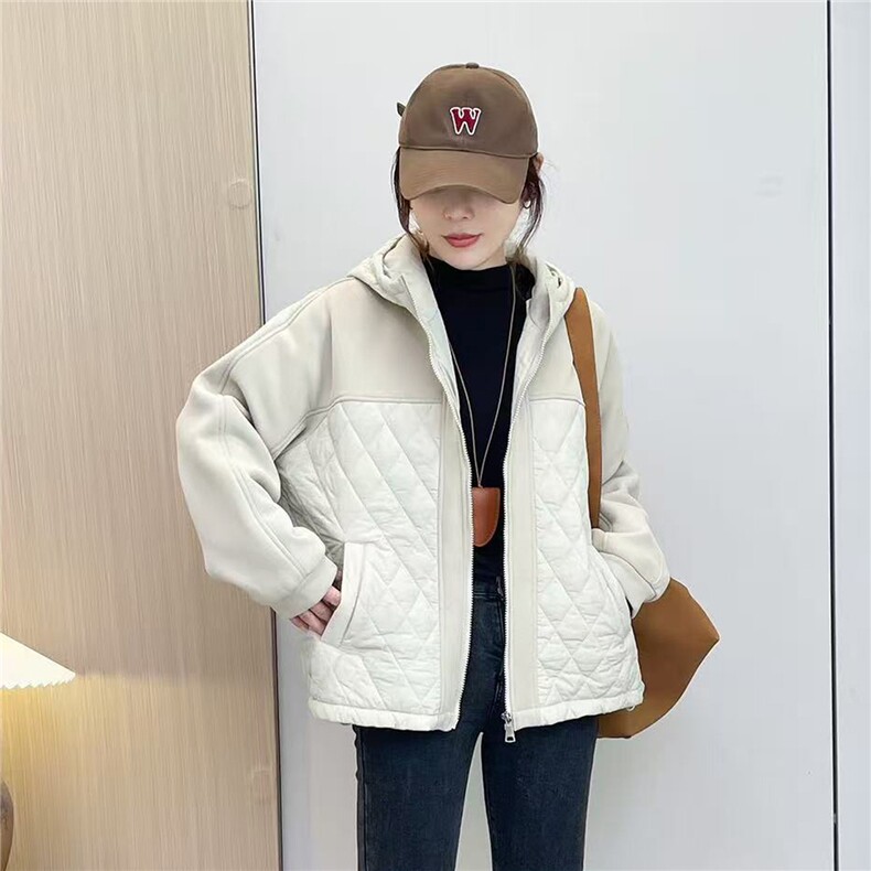 2025冬装新款修身保暖时尚菱形格个性拼接女士棉服外套,女装棉衣/棉服,江忆布依