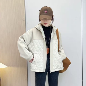 2025冬装新款修身保暖时尚菱形格个性拼接女士棉服外套图片