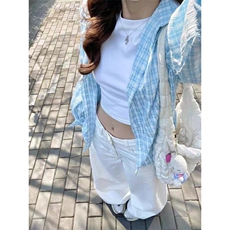 蓝色格子防晒衬衫女春夏韩版宽松休闲设计感长袖衬衣外套CA317，男装防晒衣，星座1116A（原606A-3）