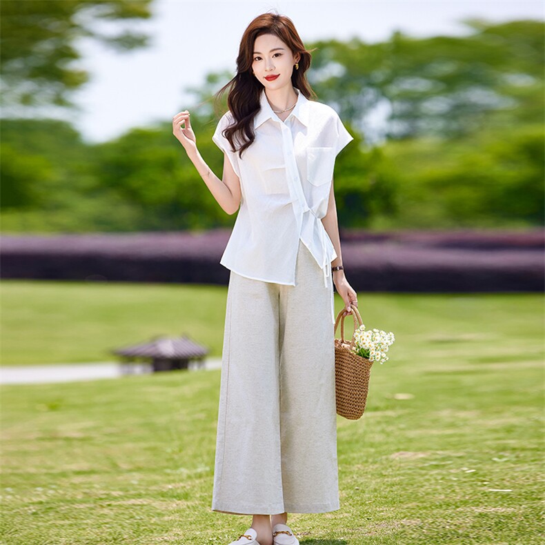 时尚休闲套装女夏季薄款2025新款高级感减龄短袖衬衫阔腿裤两件套，女装套装/套裙，靓衣阁