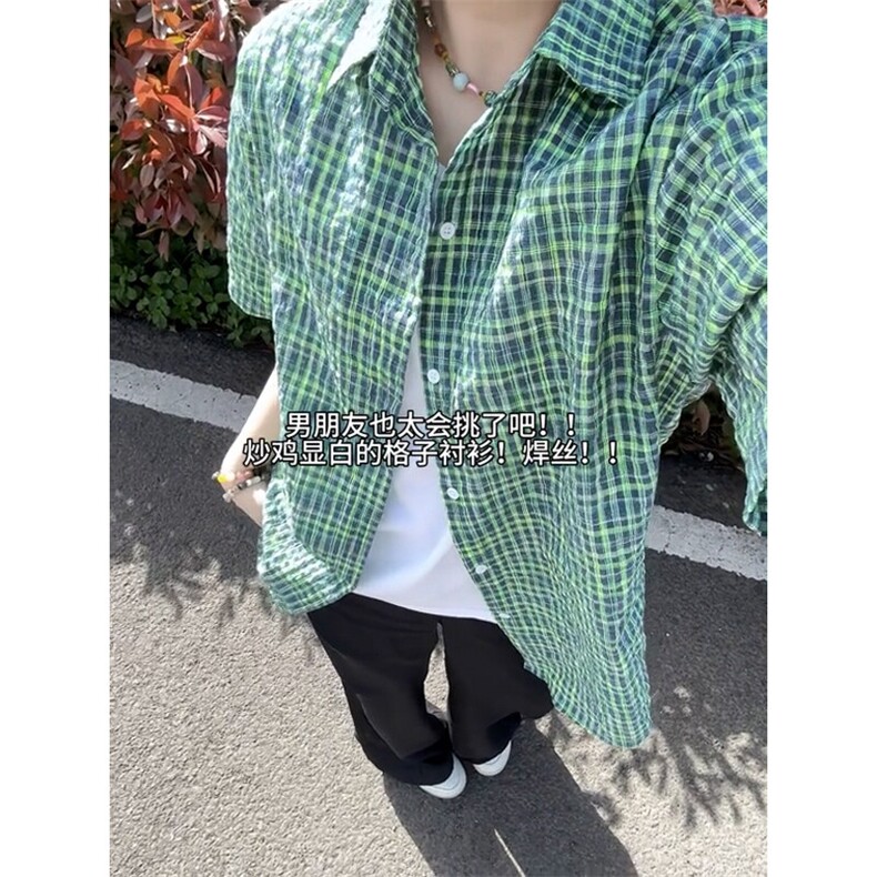 B221美式ins高街宽松薄款泡泡格短袖衬衫SY2548-特P35控59,男装衬衫,电商B221
